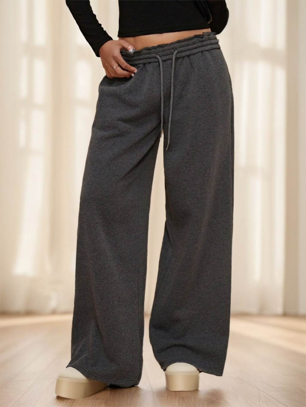 Autumn Winter New Thermal Lined Thick Casual Versatile High Waist Elastic Waist Loose Wide Leg Sweatpants MuddyStock