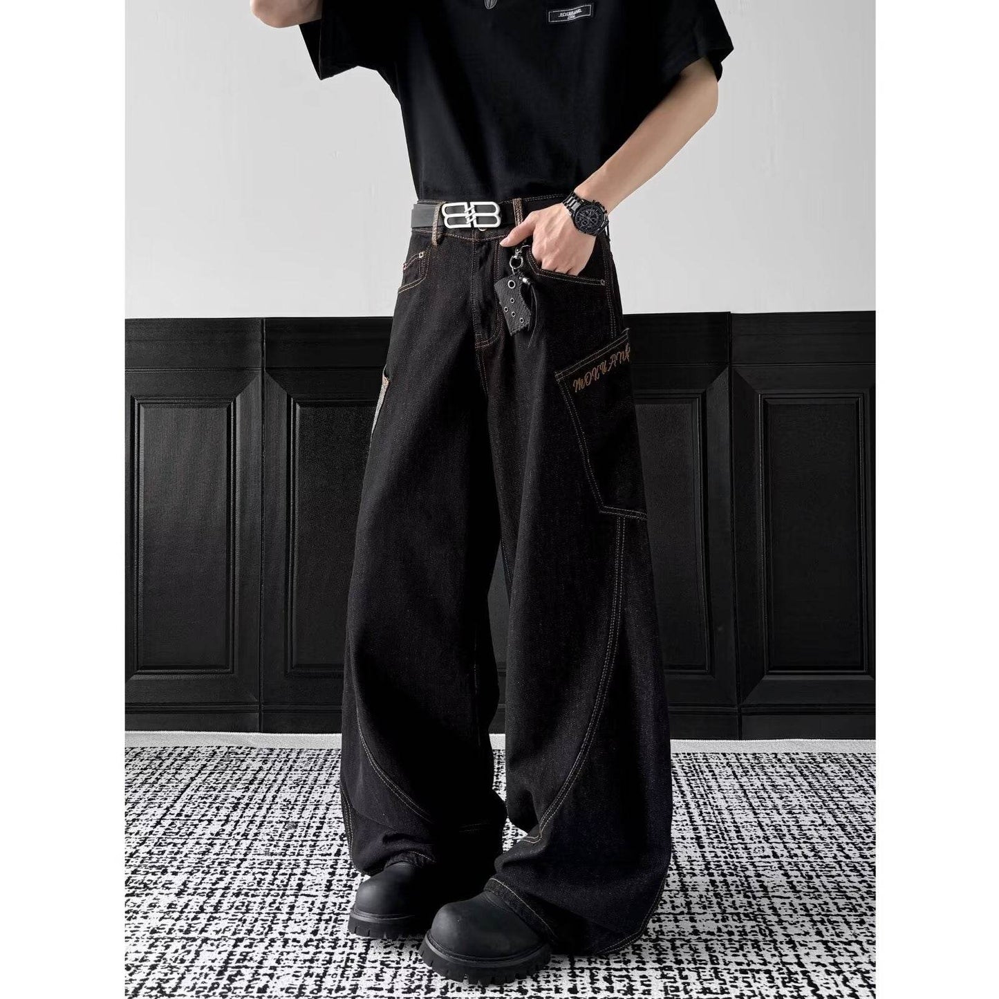 Checkered splicing curved jeans for men | MuddyStock Originals Black MuddyStock