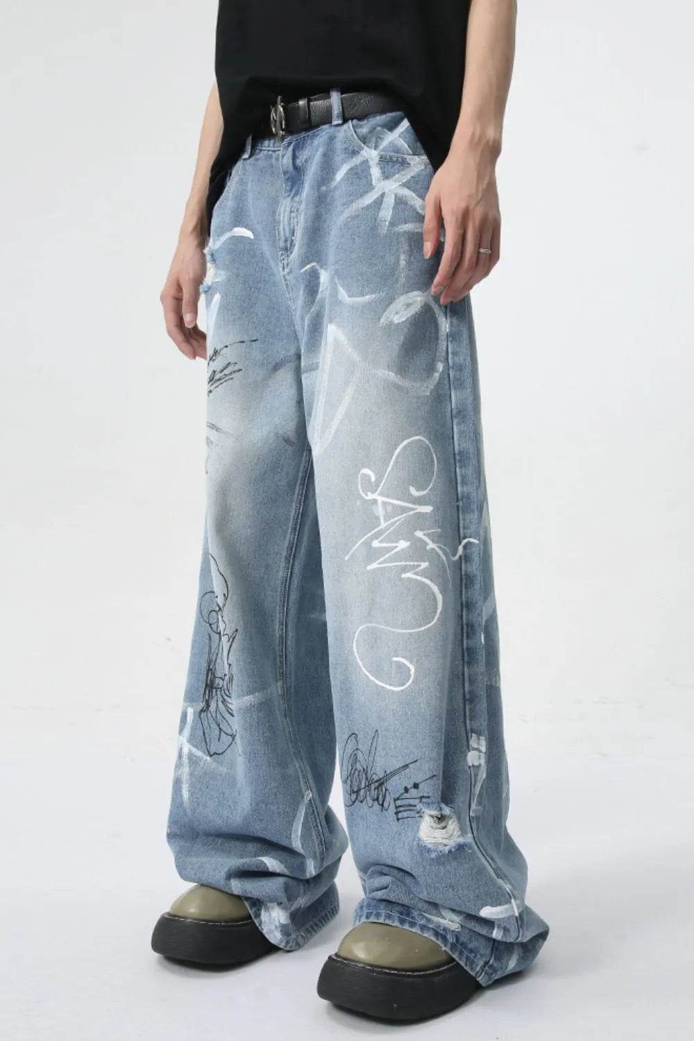 Mid Rise Graffiti Print Distressed Wide Leg Jeans For Both Men And Women | MuddyStock Originals MuddyStock