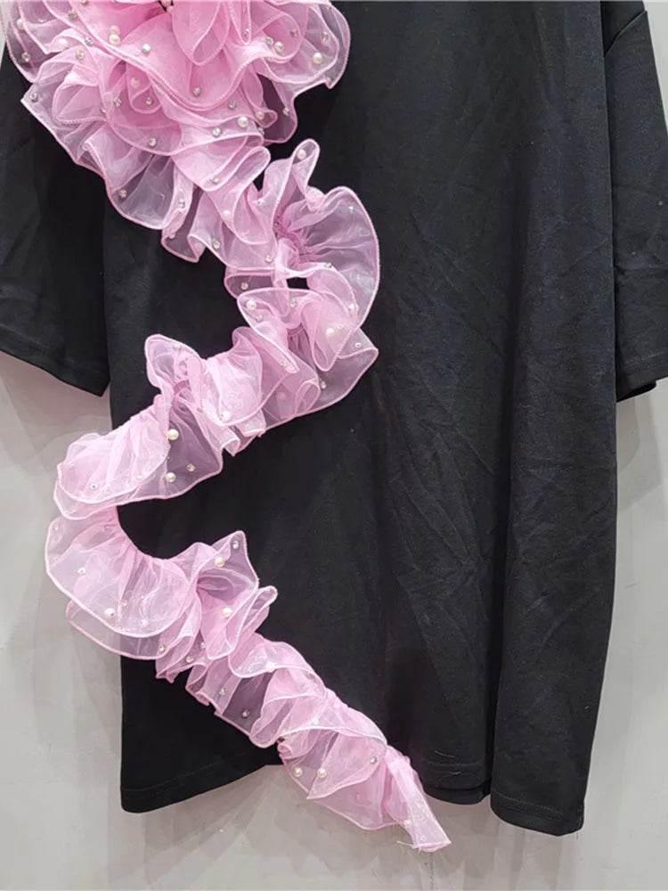 Women's T-shirt Rivet Collar Irregular Pleated Pink Mesh Flowers | MuddyStock Originals