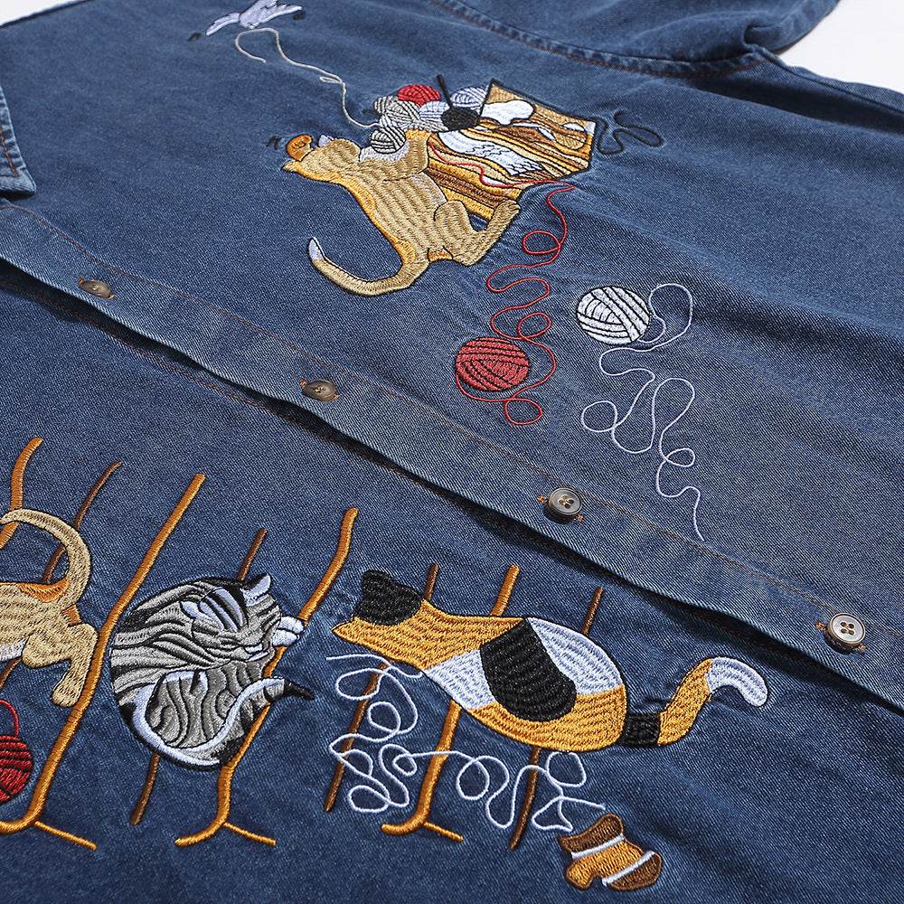 Embroidered Cat Denim Short Sleeve Shirt For Men And Women MuddyStock