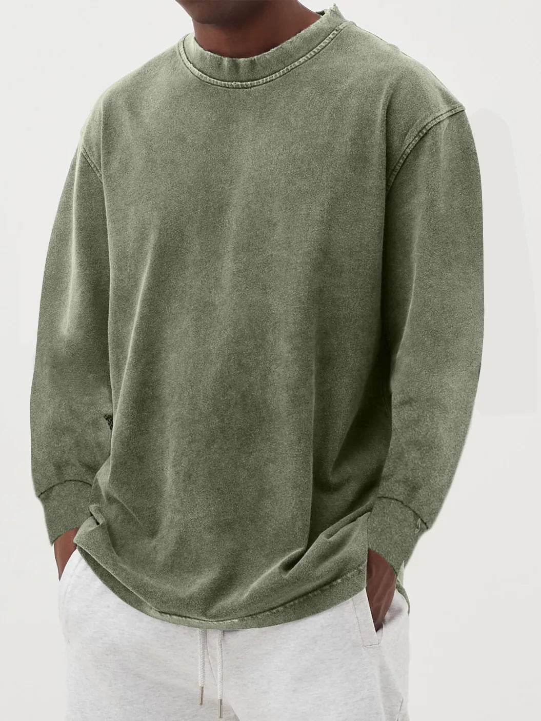 Washed Old Solid Color Men's Long-sleeved T-shirt Olive MuddyStock