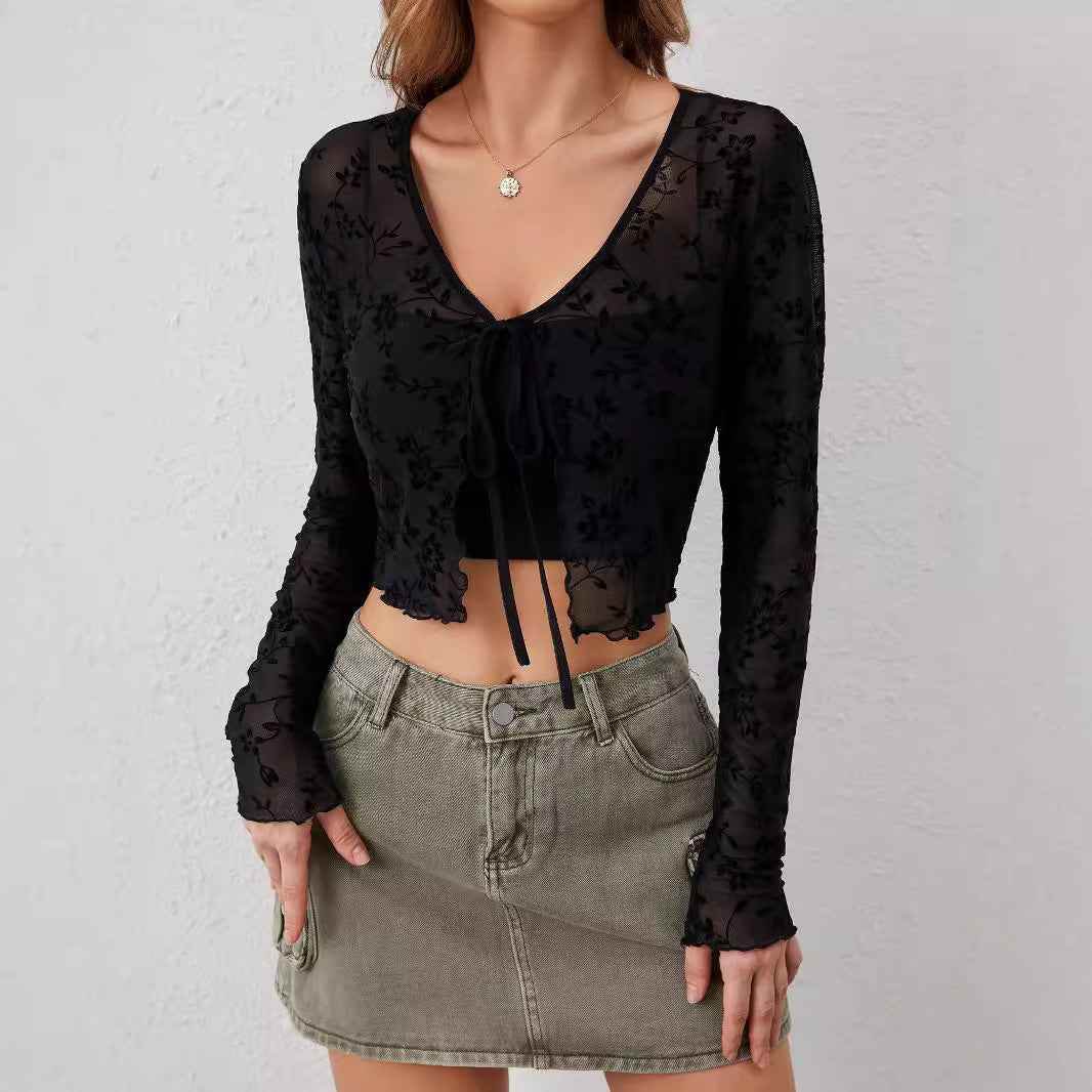 European And American Elegant Women's Transparent Mesh Flocking Front Lace-up Top MuddyStock