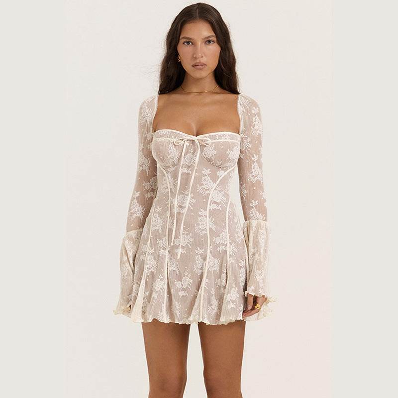 Lace Square Collar Dress Bell-bottom Long Sleeve Women Top Light Apricot Colored MuddyStock