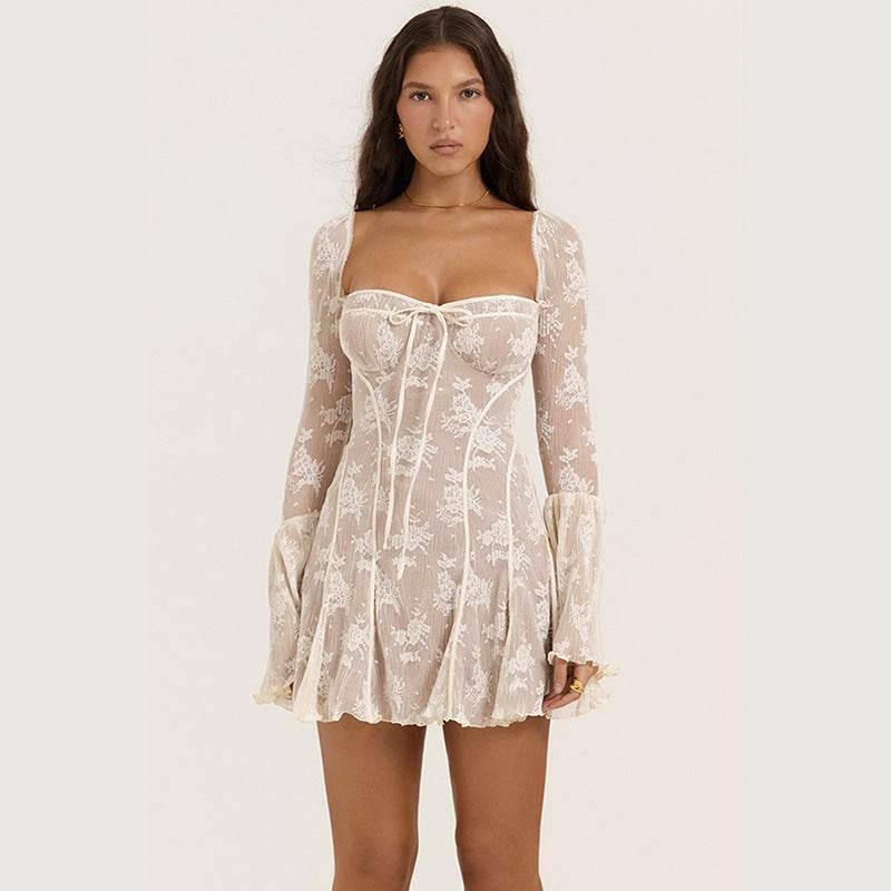 Lace Square Collar Dress Bell-bottom Long Sleeve Women Top Light Apricot Colored