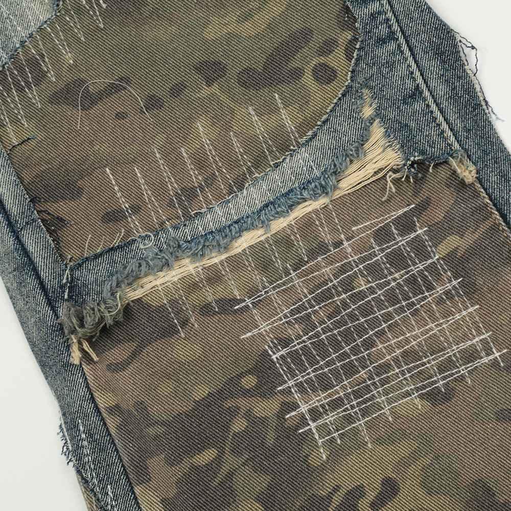 Camouflage Patchwork Distressed Straight Leg Jeans For Men And Women | MuddyStock Originals