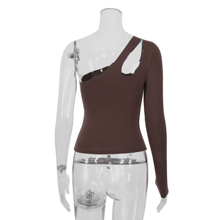 Slanted Shoulder Asymmetric Hollow Long-sleeved Bottoming Top MuddyStock