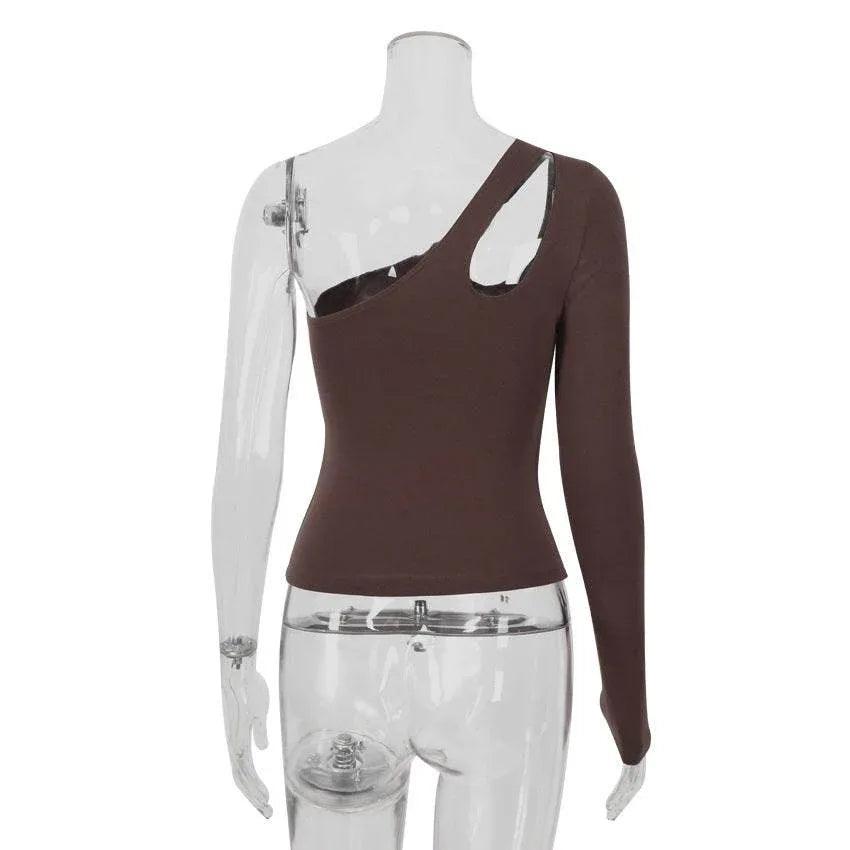 Slanted Shoulder Asymmetric Hollow Long-sleeved Bottoming Top