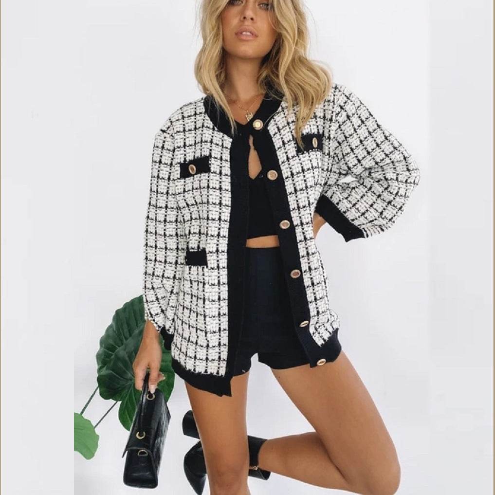 Knitted Jacket Women's Cardigan Plaid Loose Thickening Small Fragrance Style Foreign Style MuddyStock