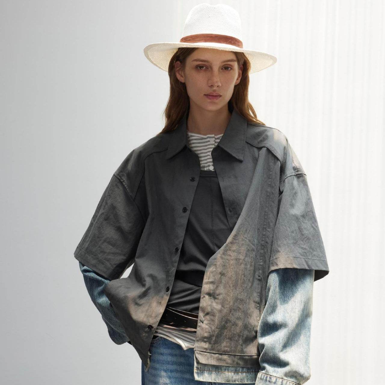 Splicing fake two denim shirts with retro loose fit for women | MuddyStock Originals MuddyStock