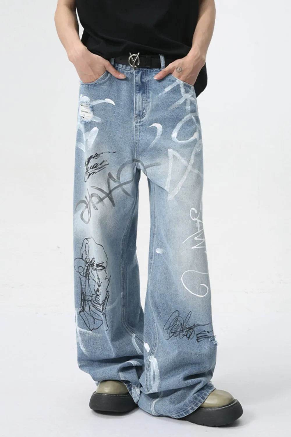 Mid Rise Graffiti Print Distressed Wide Leg Jeans For Both Men And Women | MuddyStock Originals MuddyStock