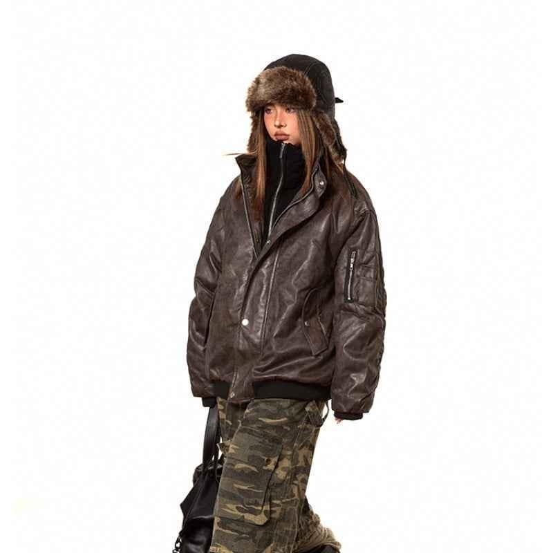 American-style Fake Two-piece Suede Bomber Jacket For Women DARK GREY