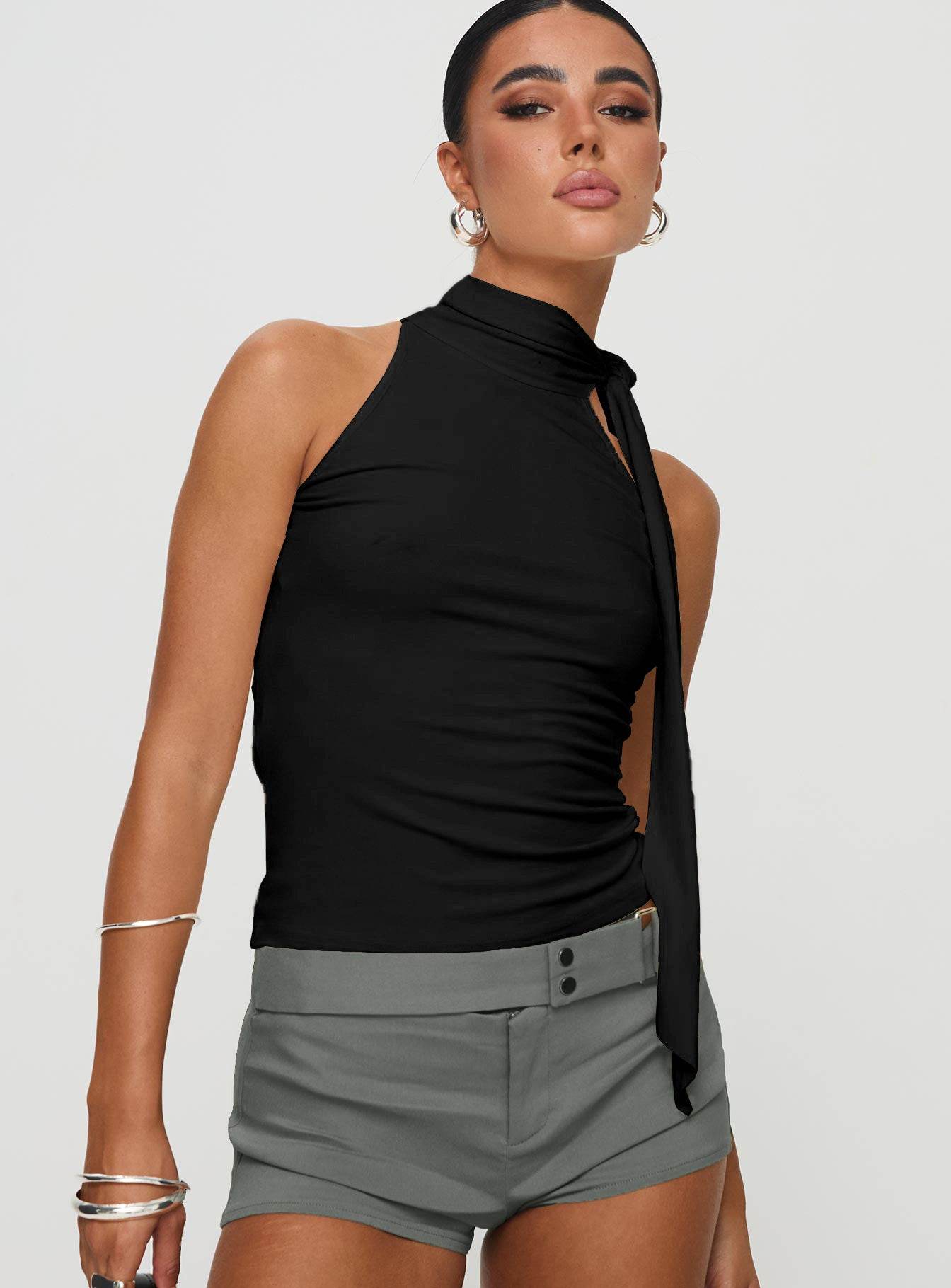 Women's Turtleneck Bundle Ribbon T-shirt Top Black MuddyStock