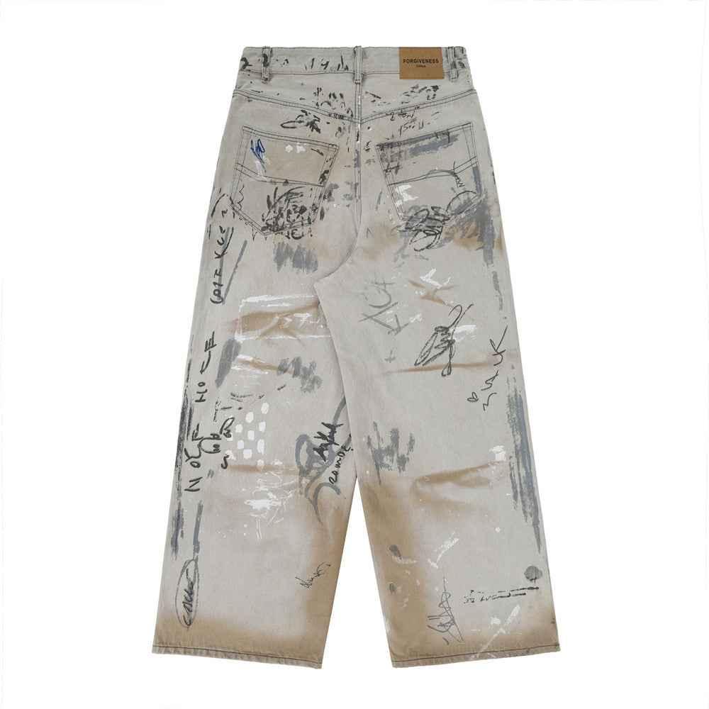 Hand Painted Graffiti Worn Jeans For Men null