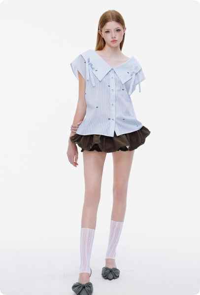 Strap Bow Striped One Shoulder Sleeveless Top For Women MuddyStock