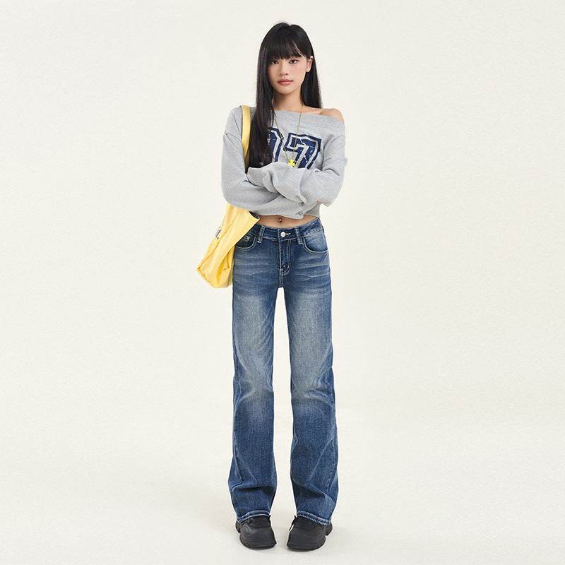 Women's Wide-Leg Denim Trousers with Fringe Craft Low Waist Slim Floor-Length Pants Dodge Blue # Extended eprolo