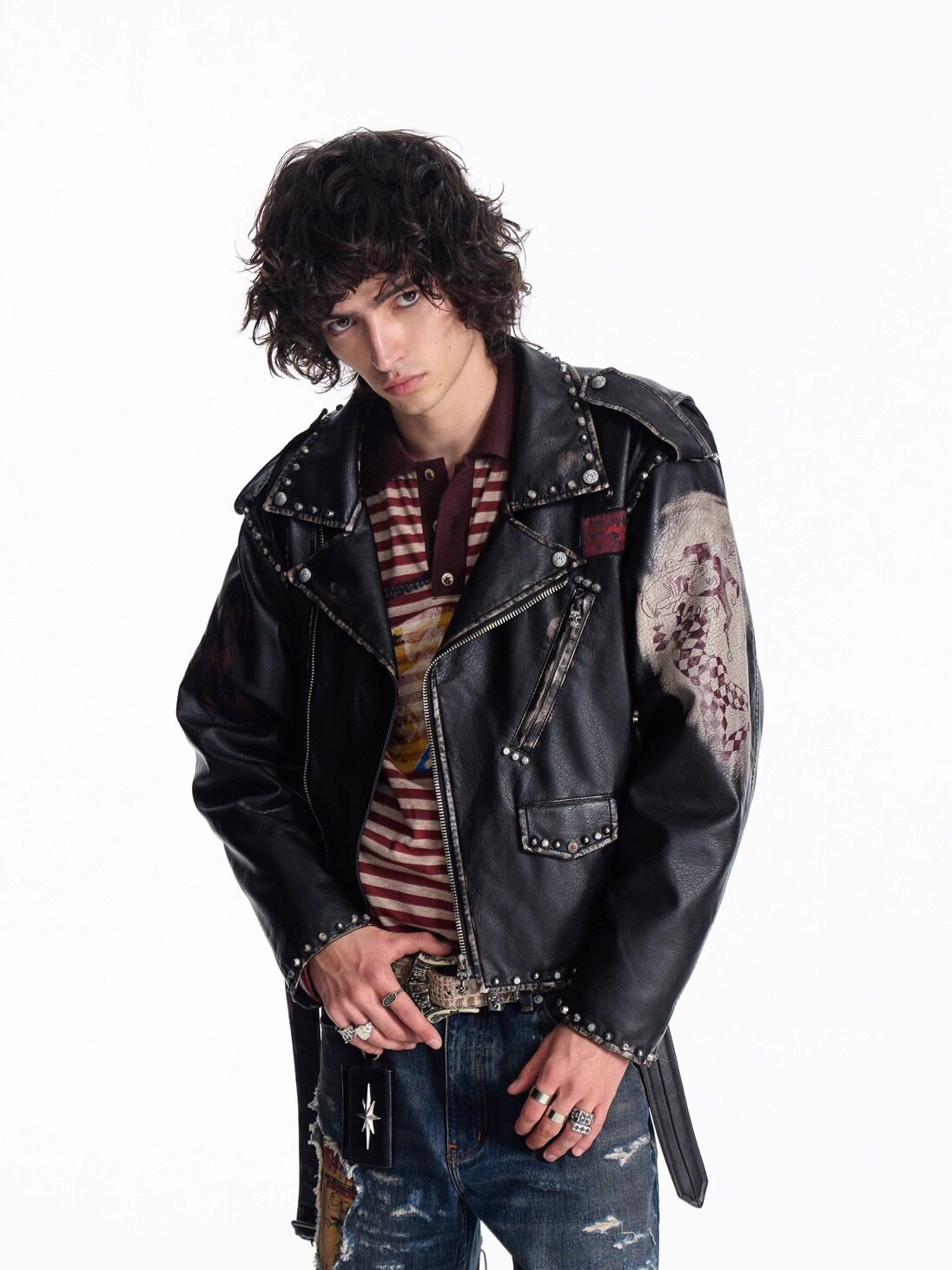 Irregular Placket Lychee-textured Biker Jacket For Men All Products