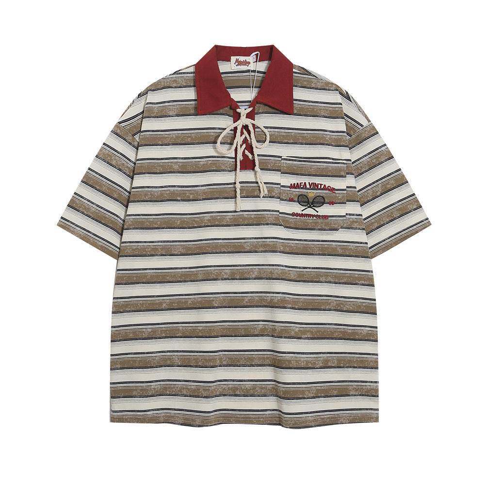 Striped Polo Shirt Casual Short-sleeved Top For Men And Women Red MuddyStock