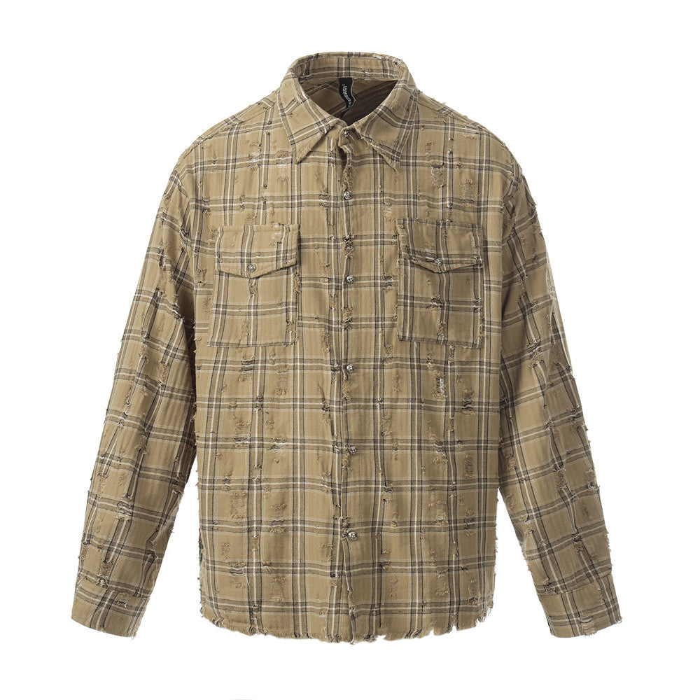 Destructed checkered long sleeved shirt for men | MuddyStock Originals Brown eprolo
