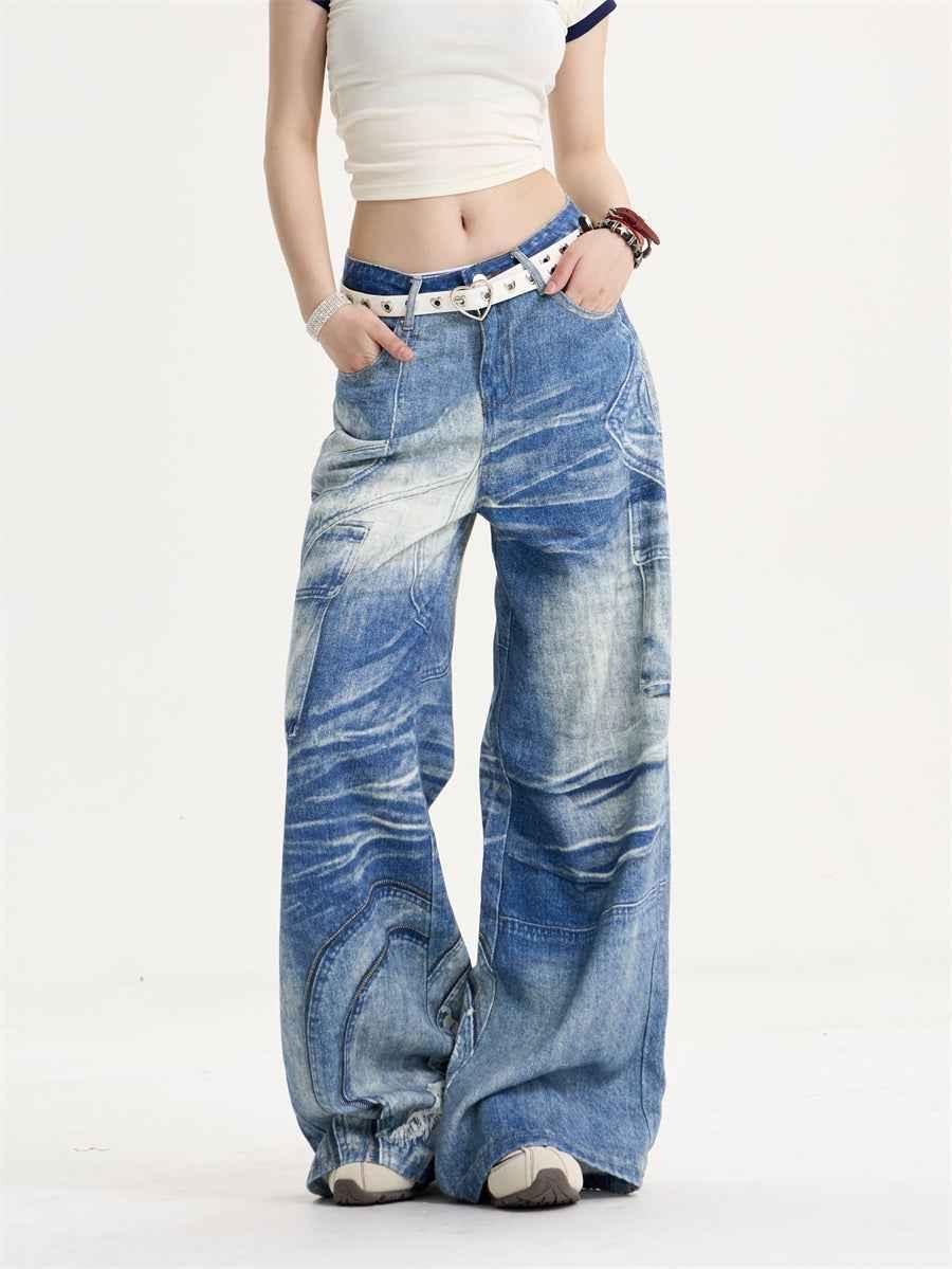 American Retro Printed Wide-leg Jeans For Men And Women Blue XL