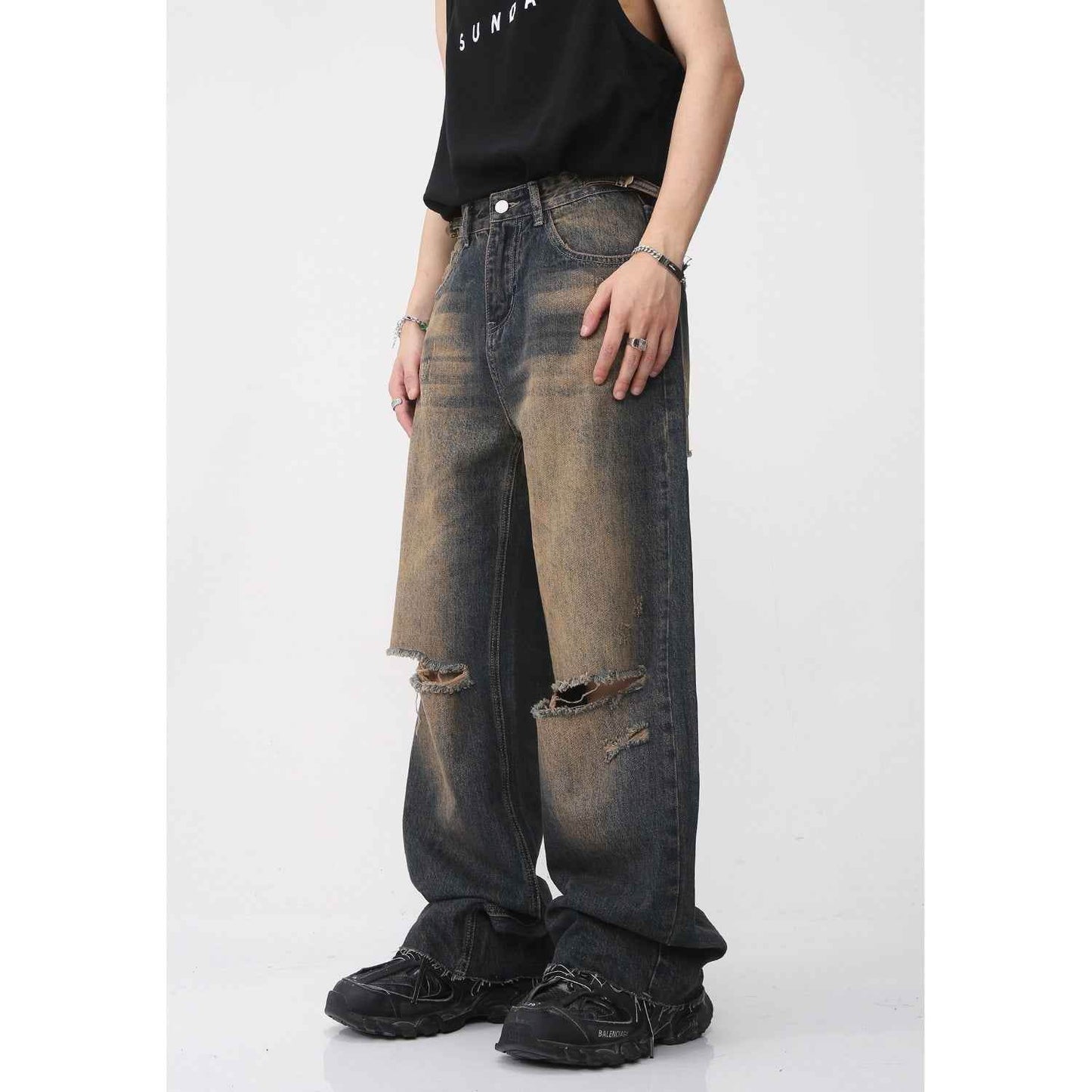 Men's Retro Distressed Rust Earthy Hole Raw Hem Jeans MuddyStock