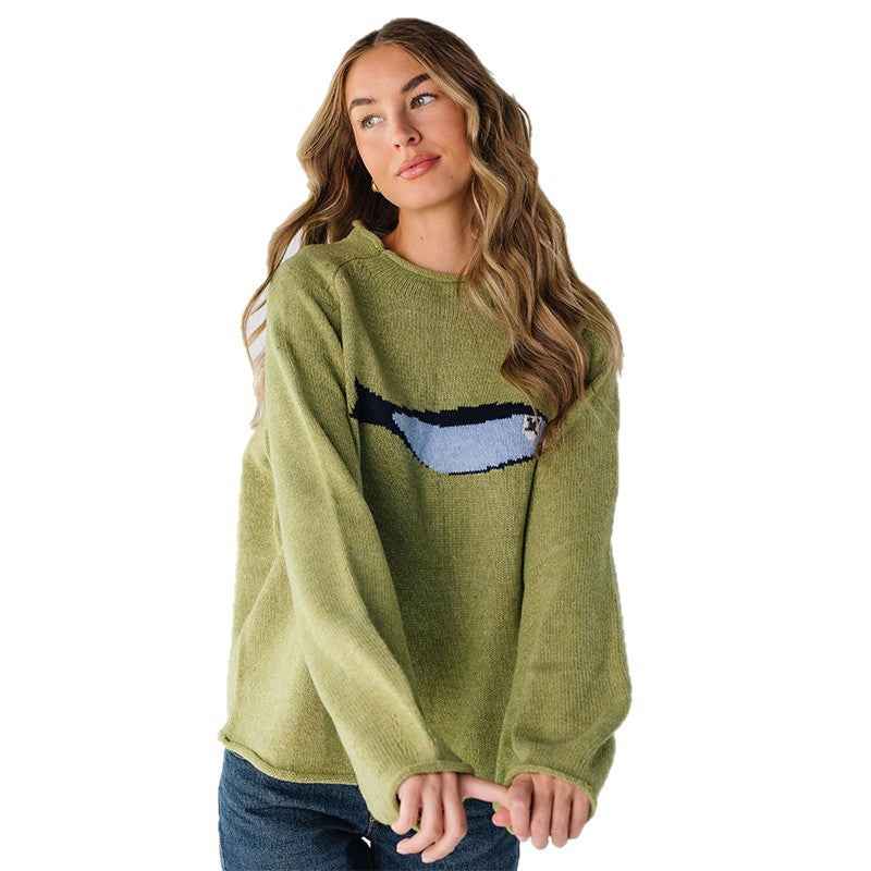 Round Neck Small Fish Pattern Knitted Sweater For Women MuddyStock