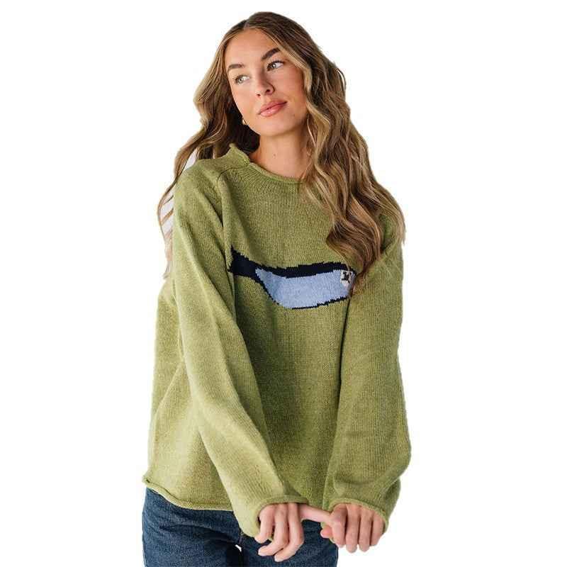 Round Neck Small Fish Pattern Knitted Sweater For Women