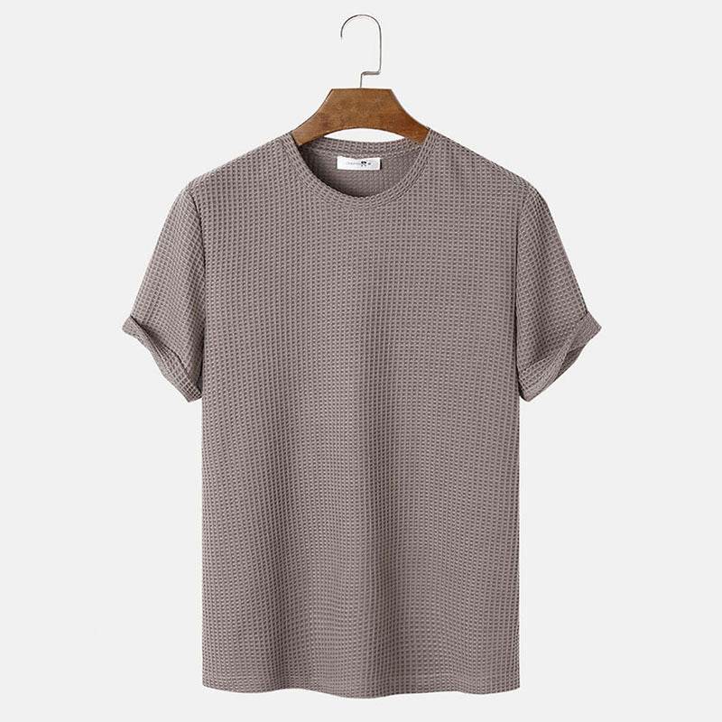 Men Summer Solid Color Round Neck Basic T-Shirts Khaki MuddyStock