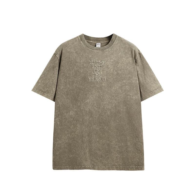 Men's Street Retro Washed Embroidered T-shirt Khaki MuddyStock