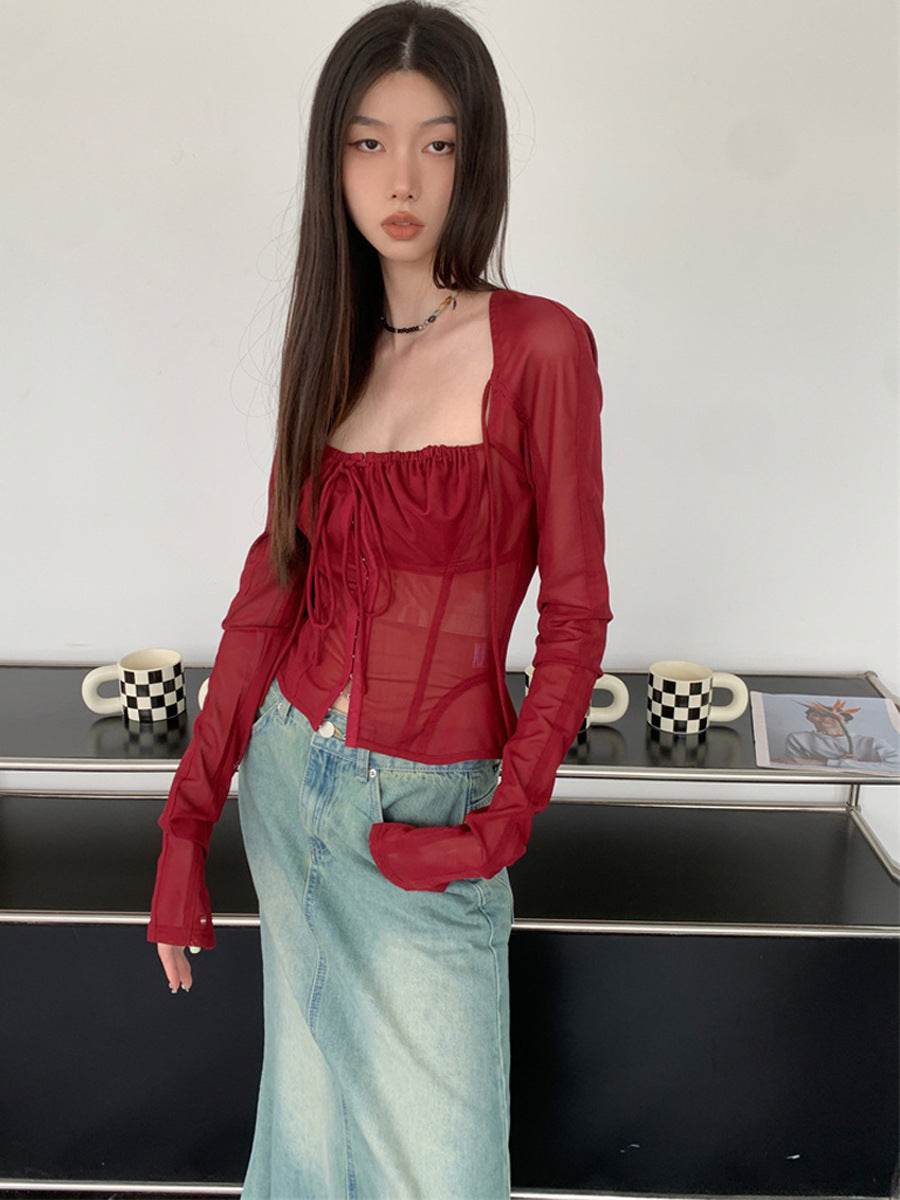 Long Sleeved Lace Up Corset Slimming Top for women MuddyStock
