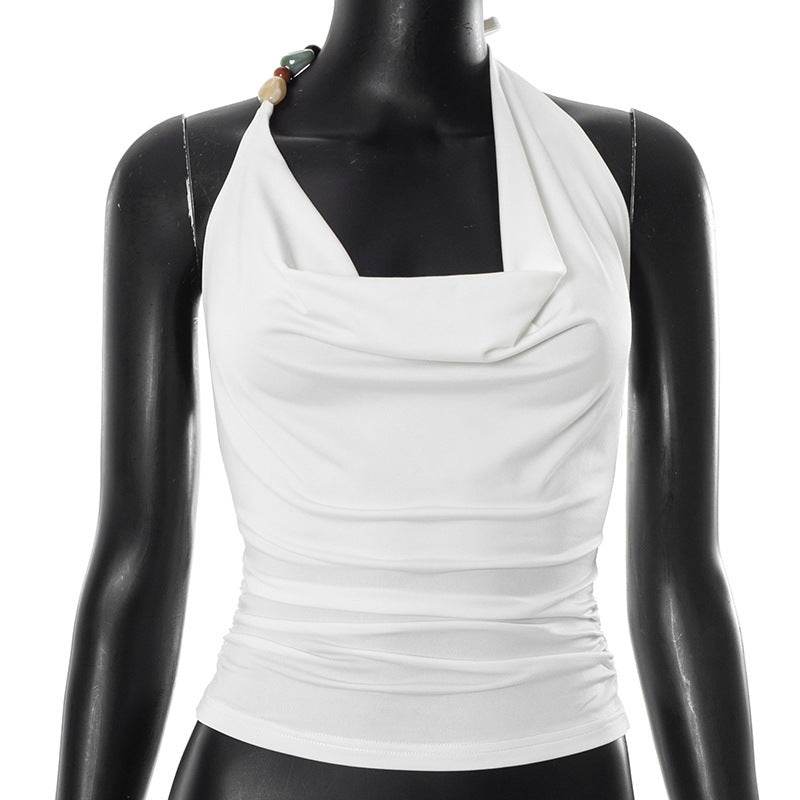 Pure Color Halter Lace-up Vest T-shirt Top White MuddyStock