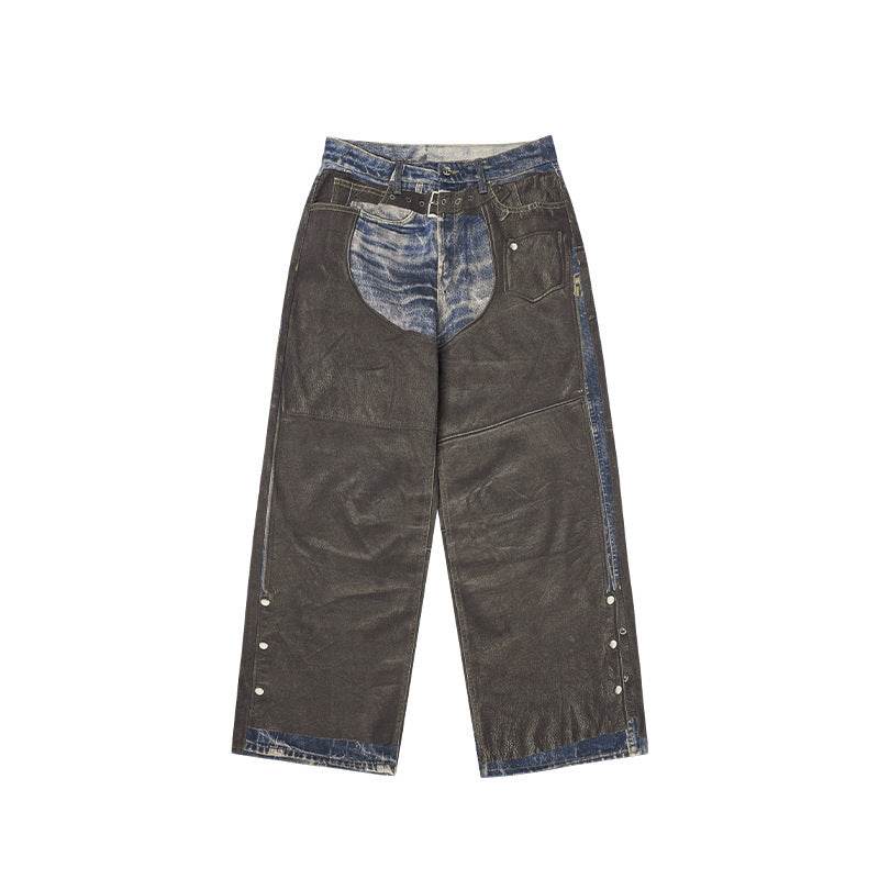 Leather Patchwork Digital Printing Jeans Brand Wide Leg Jeans Picture Color MuddyStock