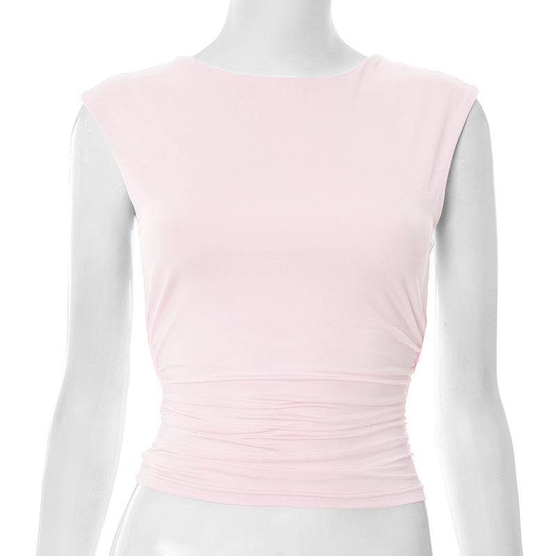 European And American Solid Color Off-neck Backless Slim Fit T-shirt Top Pink MuddyStock