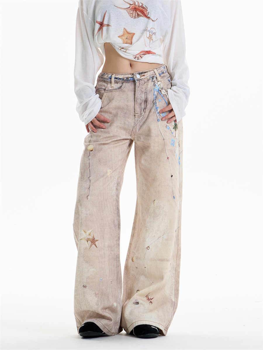Retro Chain Print Worn Women's Straight Wide-leg Pants