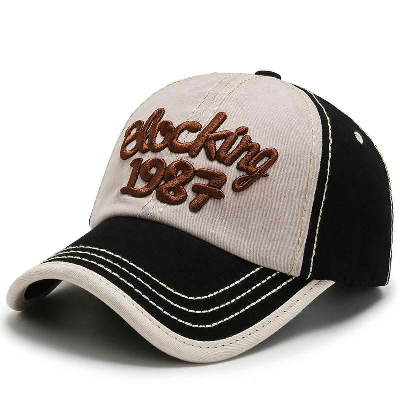 Korean Color Block Embroidery Baseball Cap Beige with black brim MuddyStock