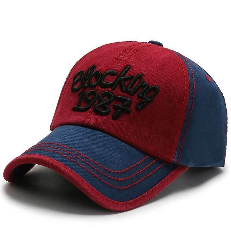 Korean Color Block Embroidery Baseball Cap Red with blue brim