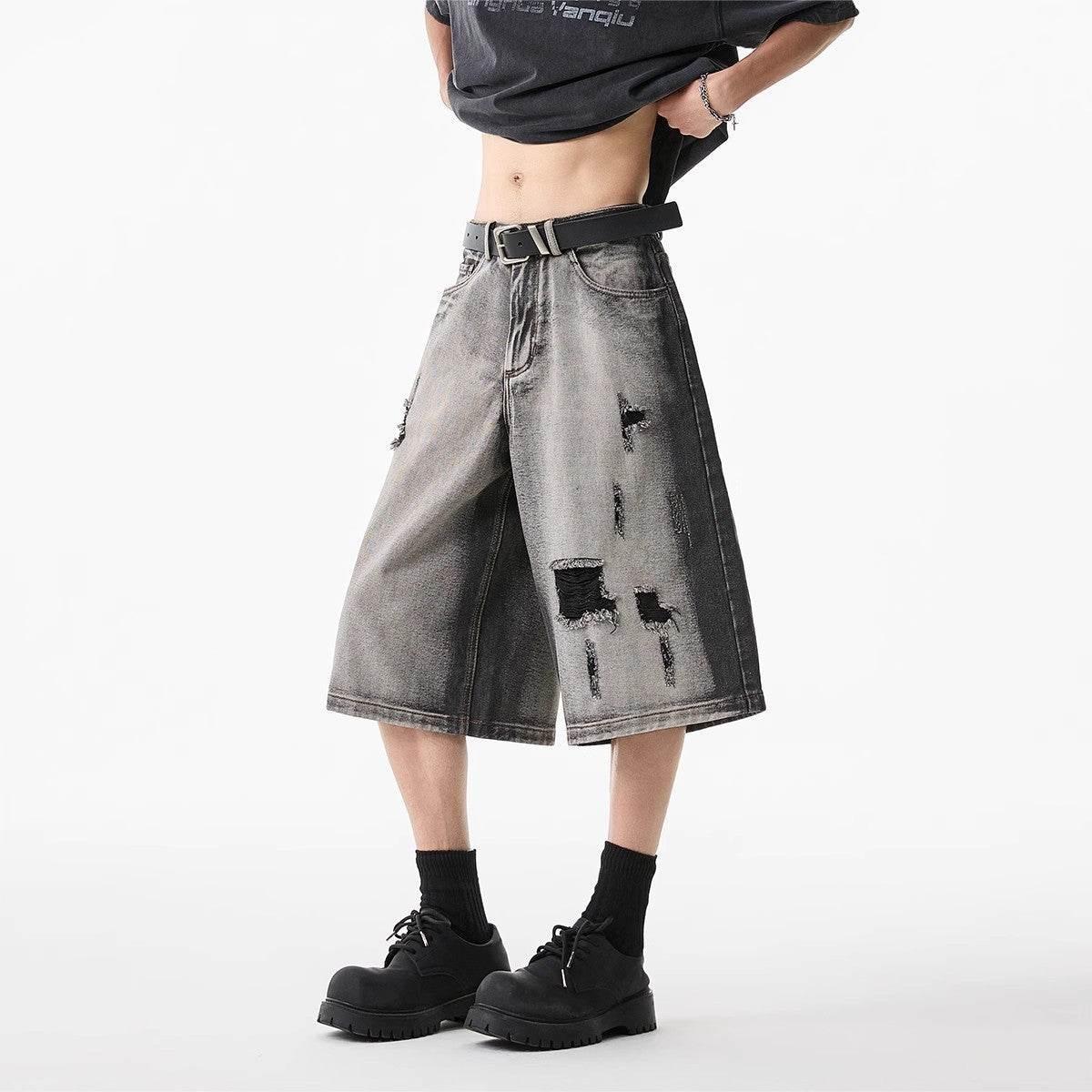 High Street Washed Hole Denim Shorts For Men