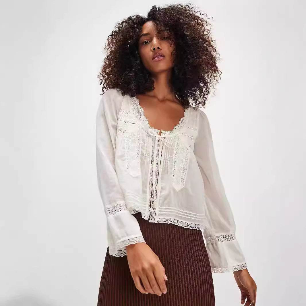 Lace U-shaped Lace Collar Long Sleeve Light Shirt MuddyStock