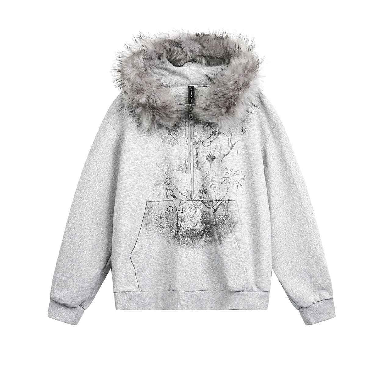 Fur Collar Coat Half-open Collar Stitching Zipper Hoodie For Women Flower Gray