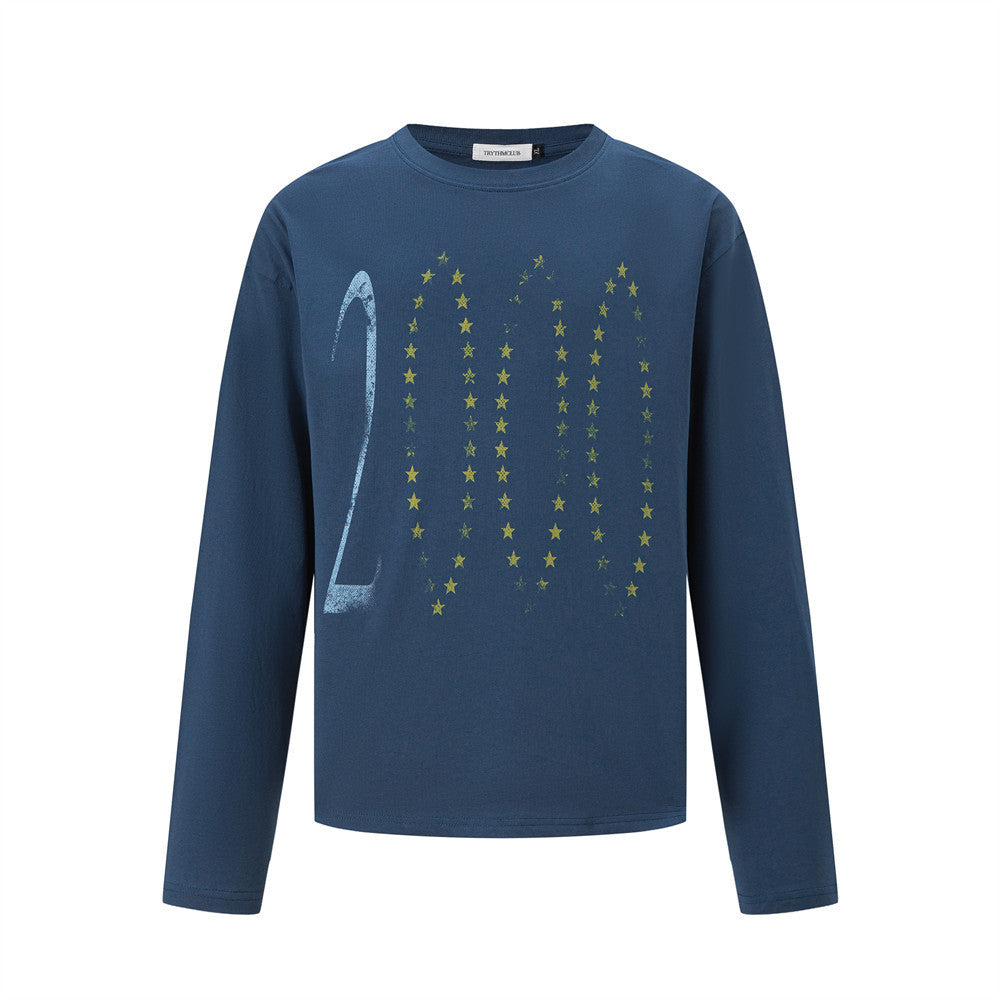 Casual Star Print Long Sleeve Crew Neck Men's T-Shirt Blue