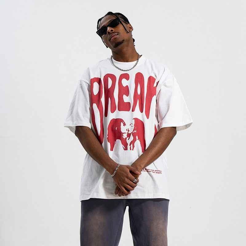 Text Printed Off-shoulder Loose Men's T-shirt