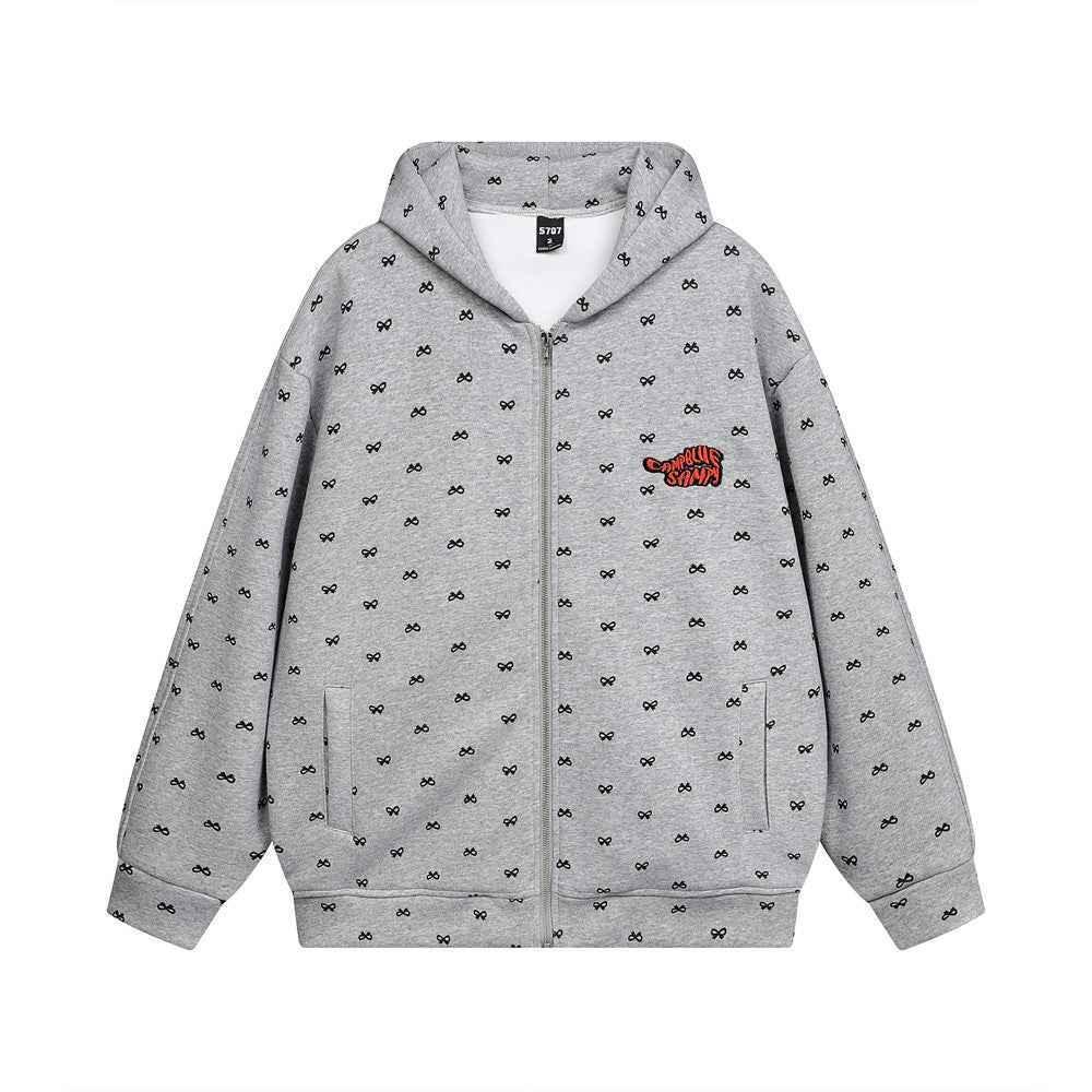 Full Printed Bow Zipper Hoodie For Women Gray