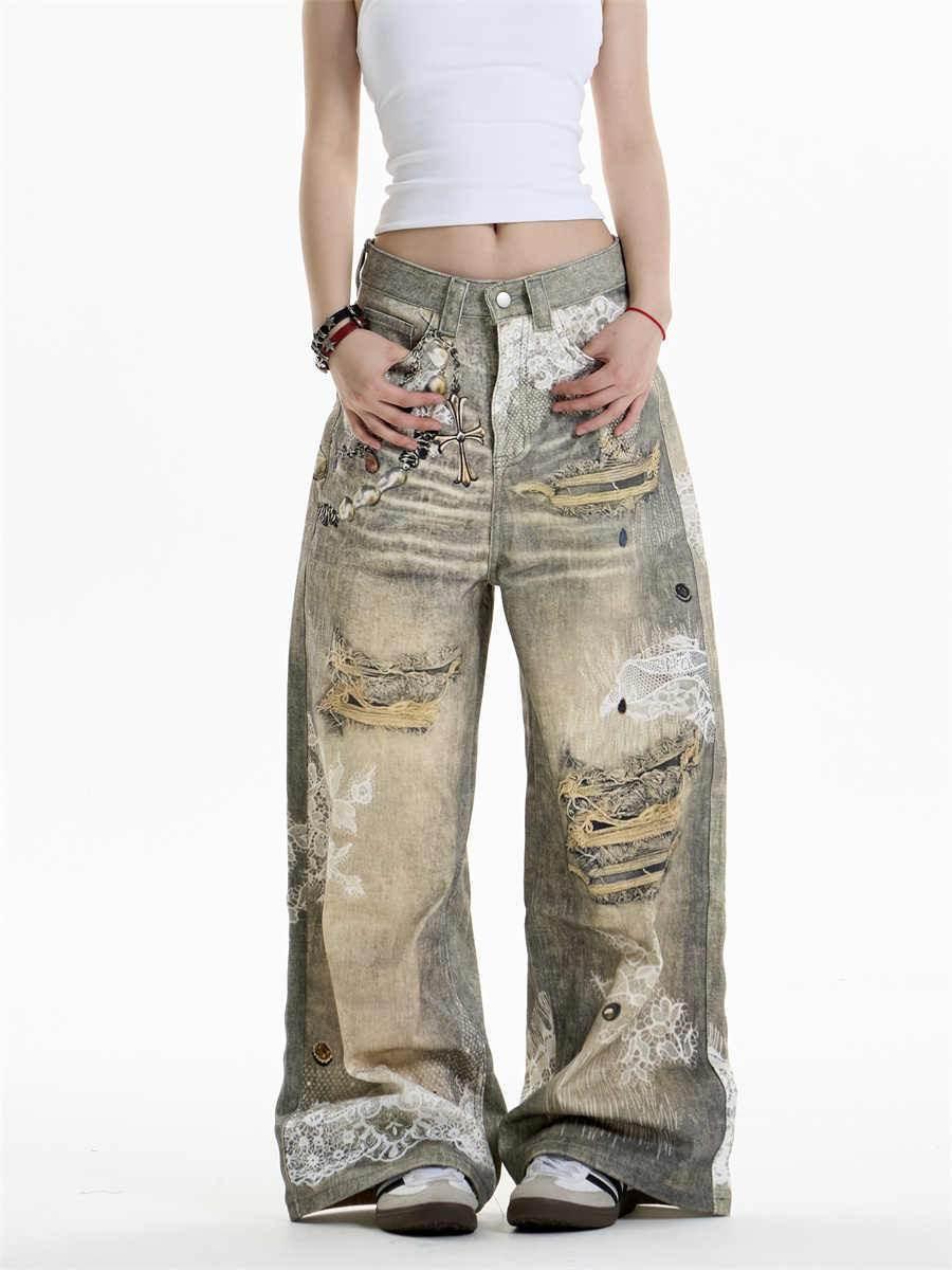 Cross Printed Jeans Women's Wide-leg Pants