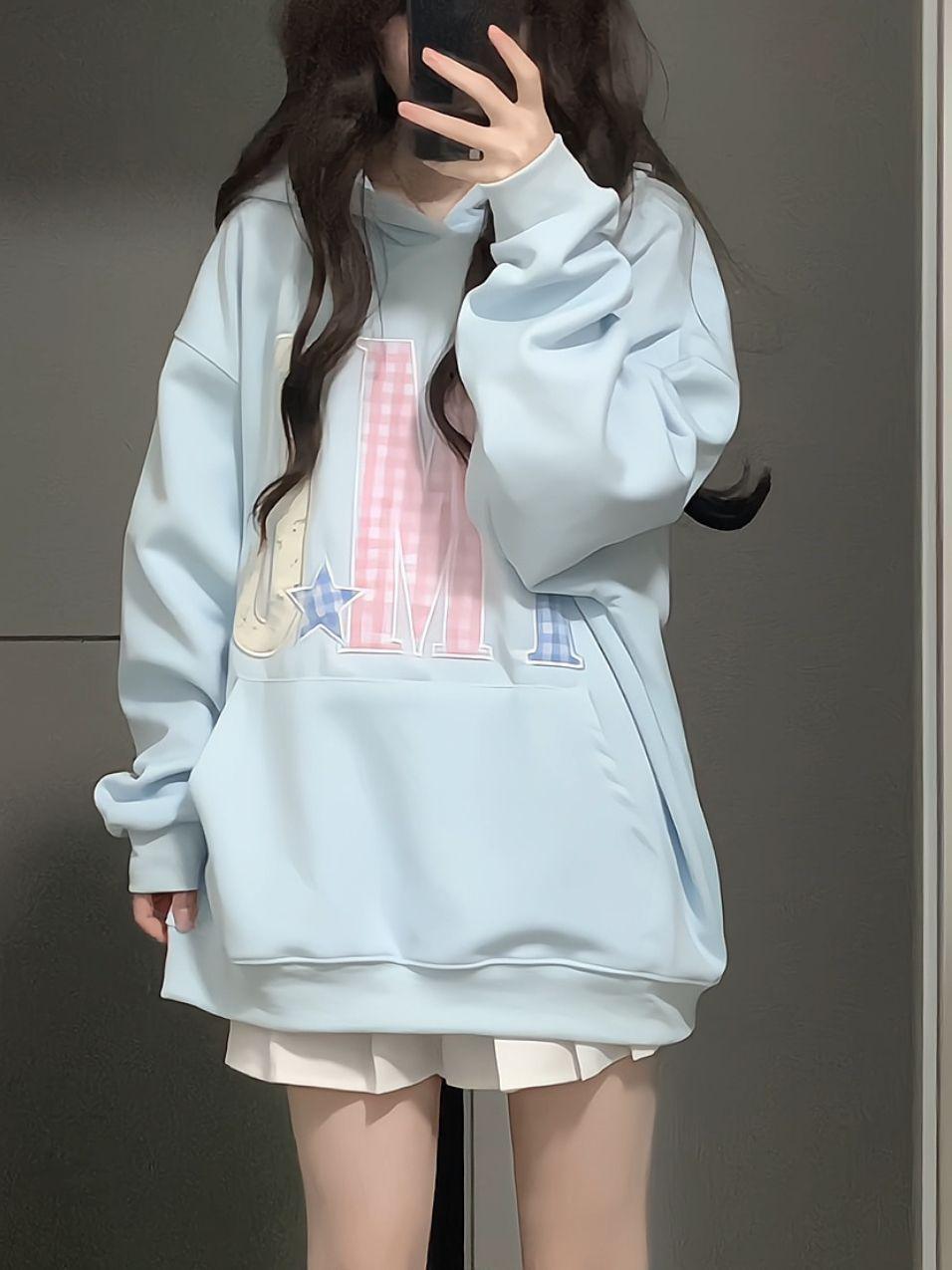 Women's Letter Embroidered Star Hoodie | MuddyStock Originals Light blue (thin style)