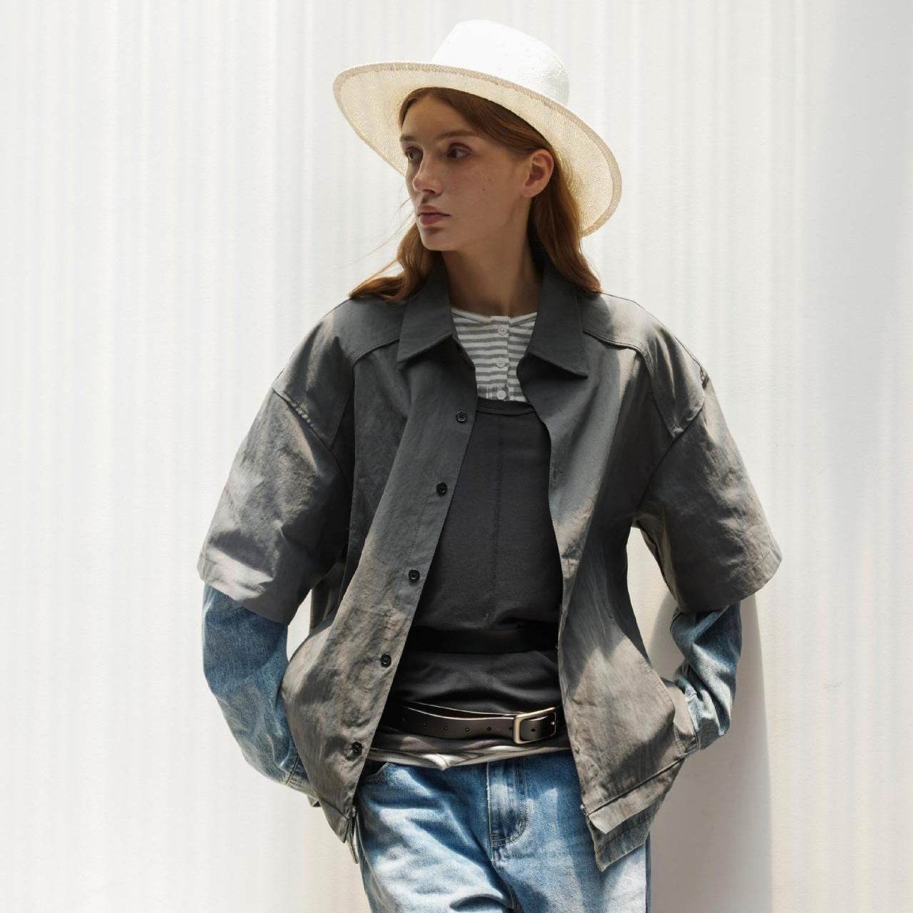 Splicing fake two denim shirts with retro loose fit for women | MuddyStock Originals MuddyStock