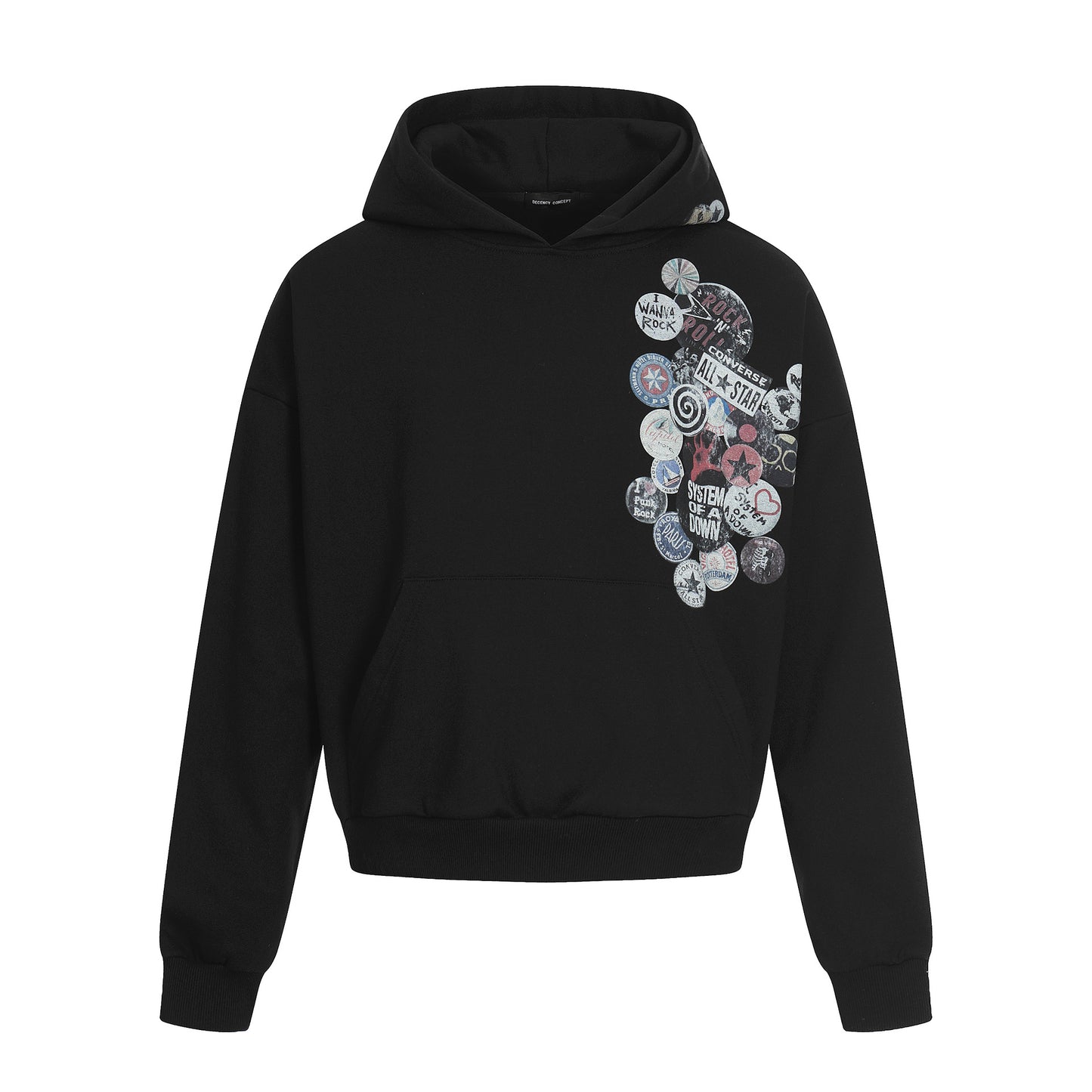 Vintage Streetwear Style Unisex Hooded Sweatshirt with Fun Print Design, Loose Fit Black eprolo