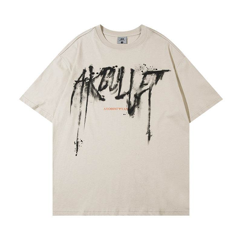 Abstract Graffiti Printed Loose T-shirt For Men And Women Khaki MuddyStock