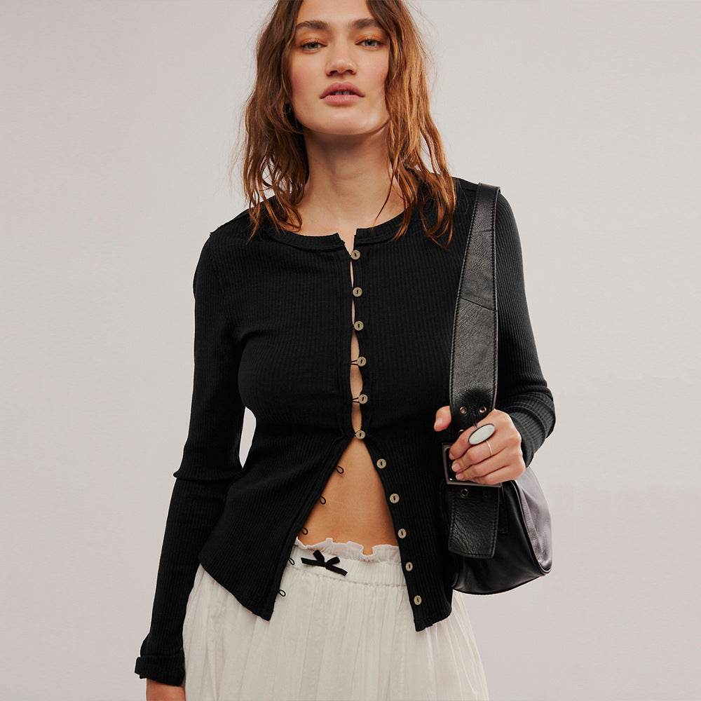 Round Neck Cardigan For Women Black MuddyStock