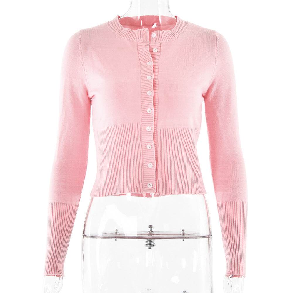 Women's Knitted Long Sleeve Slim Round Neck Top Pink MuddyStock