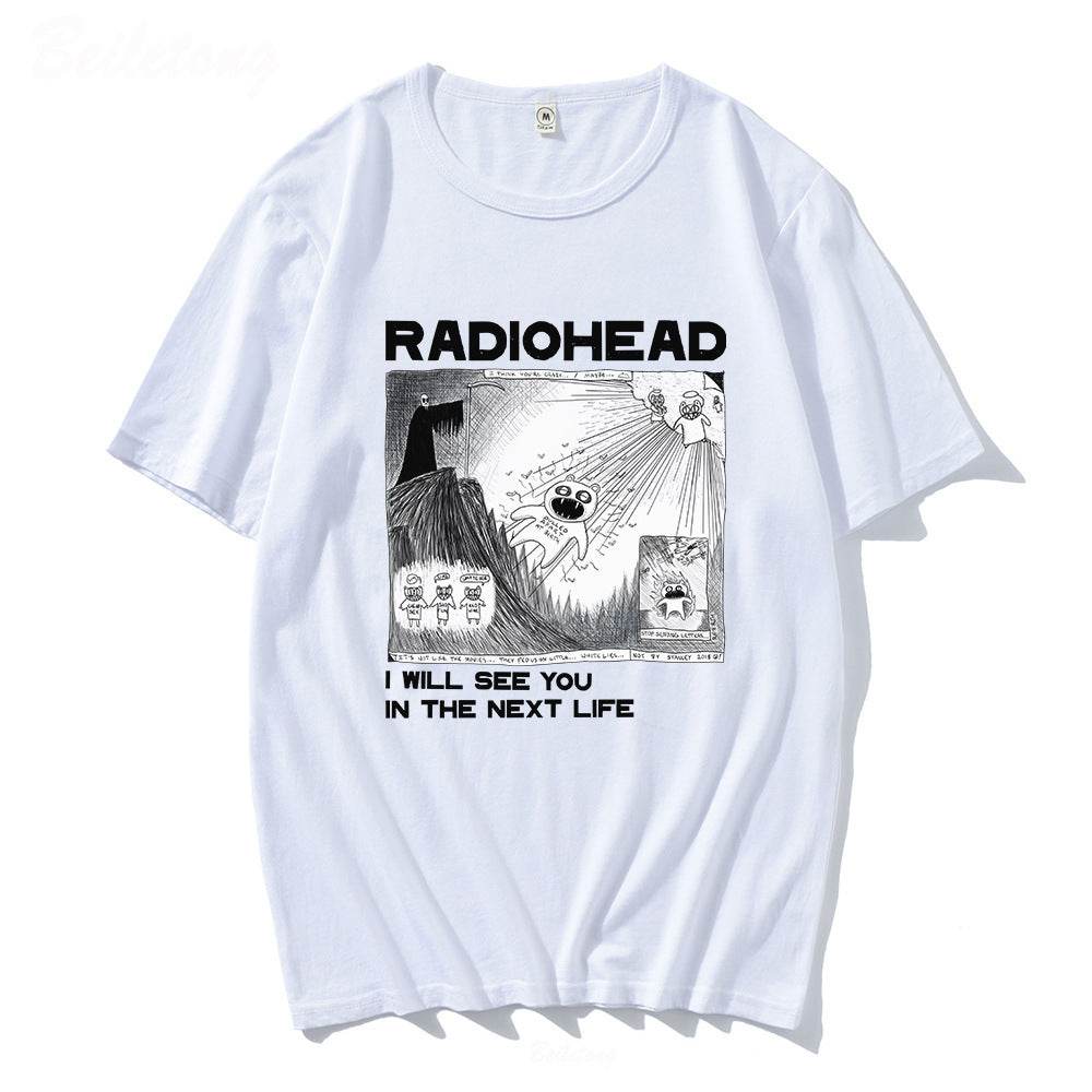 Fun Band Print Pattern Round Neck Short Sleeve Men's White MuddyStock
